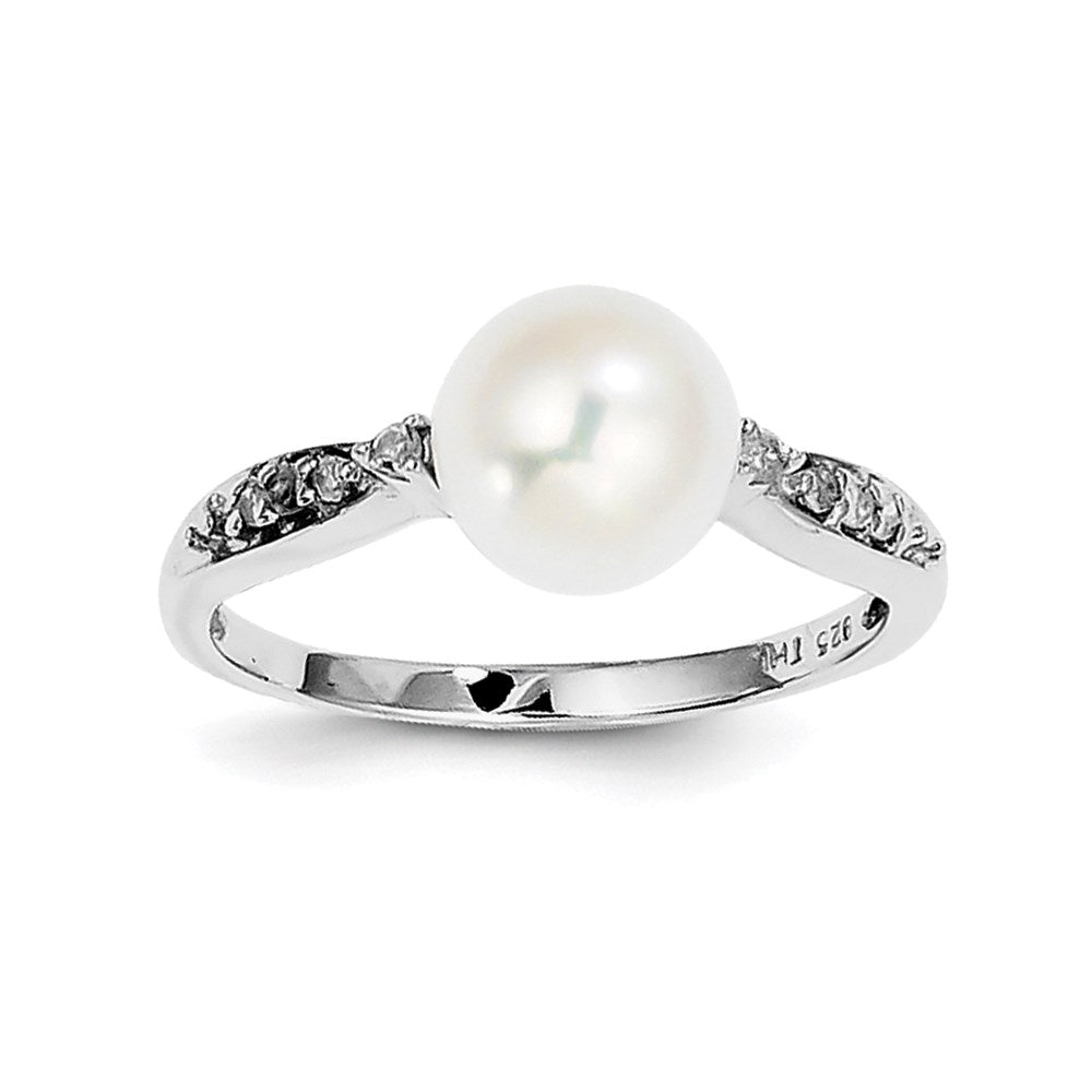 Sterling Silver Rhodium Plated Diamond and FW Cultured Pearl Ring