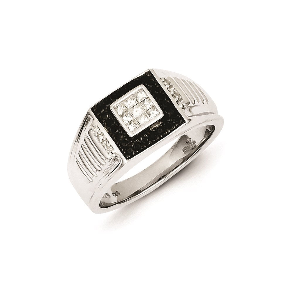 Sterling Silver Rhodium Plated Black and White Diamond Men's Ring