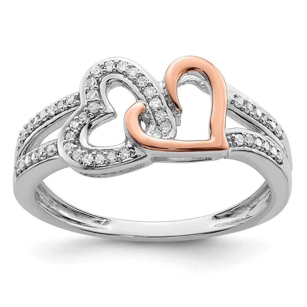 Sterling Silver Rhodium & 14k Rose Gold Diamonds Two Heart Ring