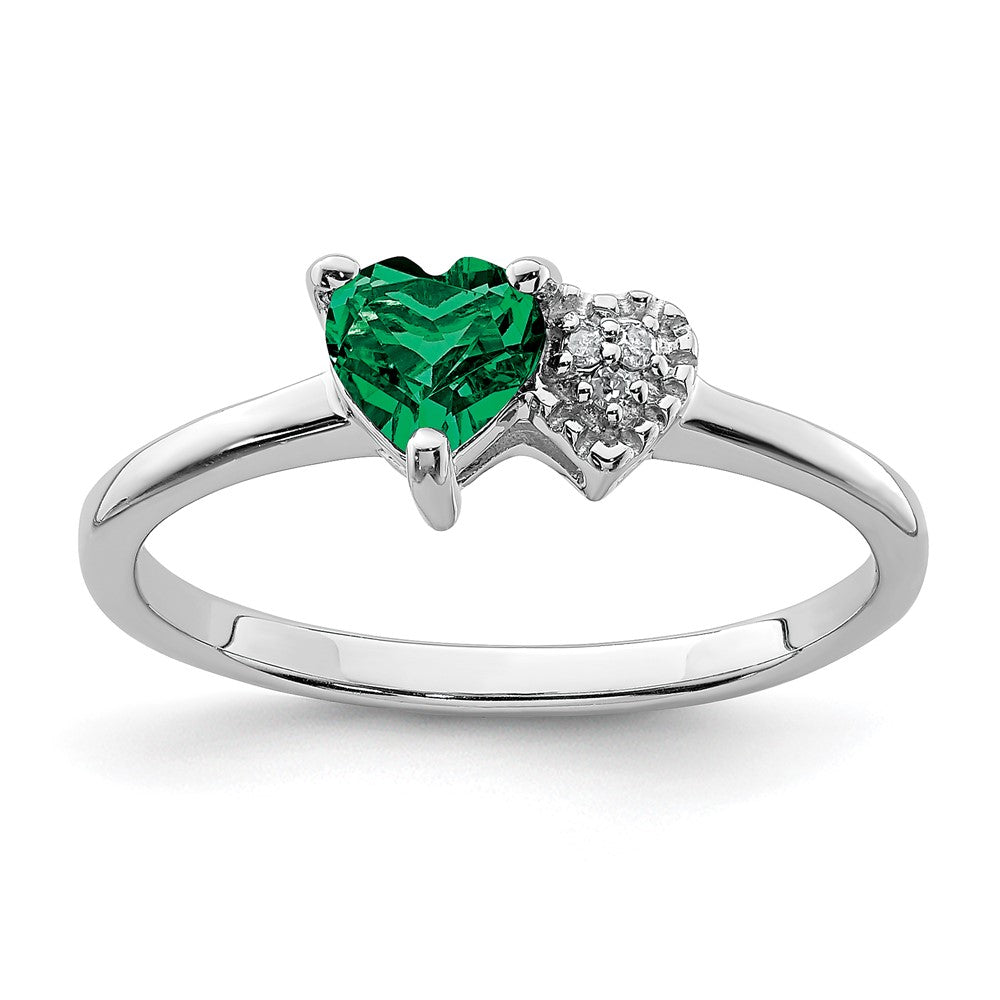 Sterling Silver Polished Created Emerald and Diamond Ring