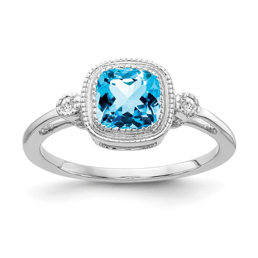 14k White Gold Cushion Blue Topaz and Real Diamond Ring