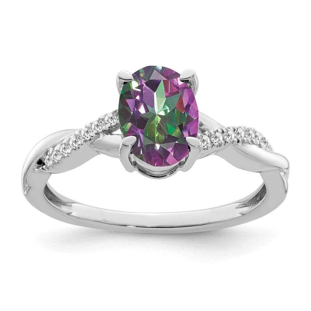 14k White Gold Oval Mystic Fire Topaz and Real Diamond Ring