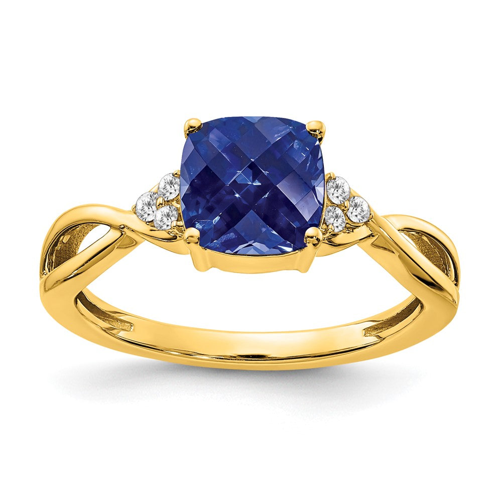 14K Yellow Gold Checkerboard Created Sapphire and Real Diamond Ring