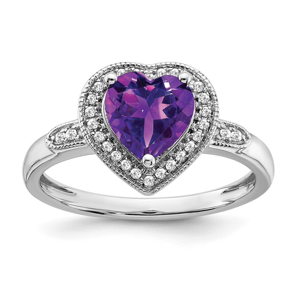 14k White Gold Heart Amethyst and Real Diamond Halo Ring