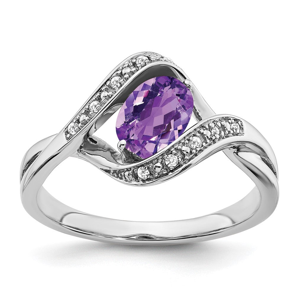 14k White Gold Oval Amethyst and Real Diamond Ring