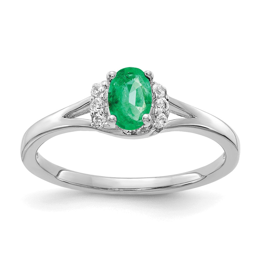 14k White Gold Real Diamond and Oval Emerald Ring