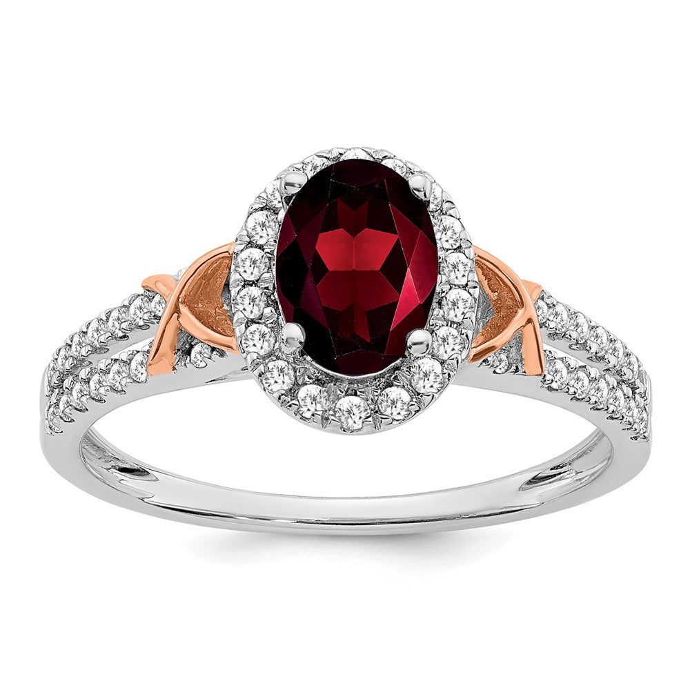 14k White Gold w/RG Accent Garnet and Real Diamond Halo Ring