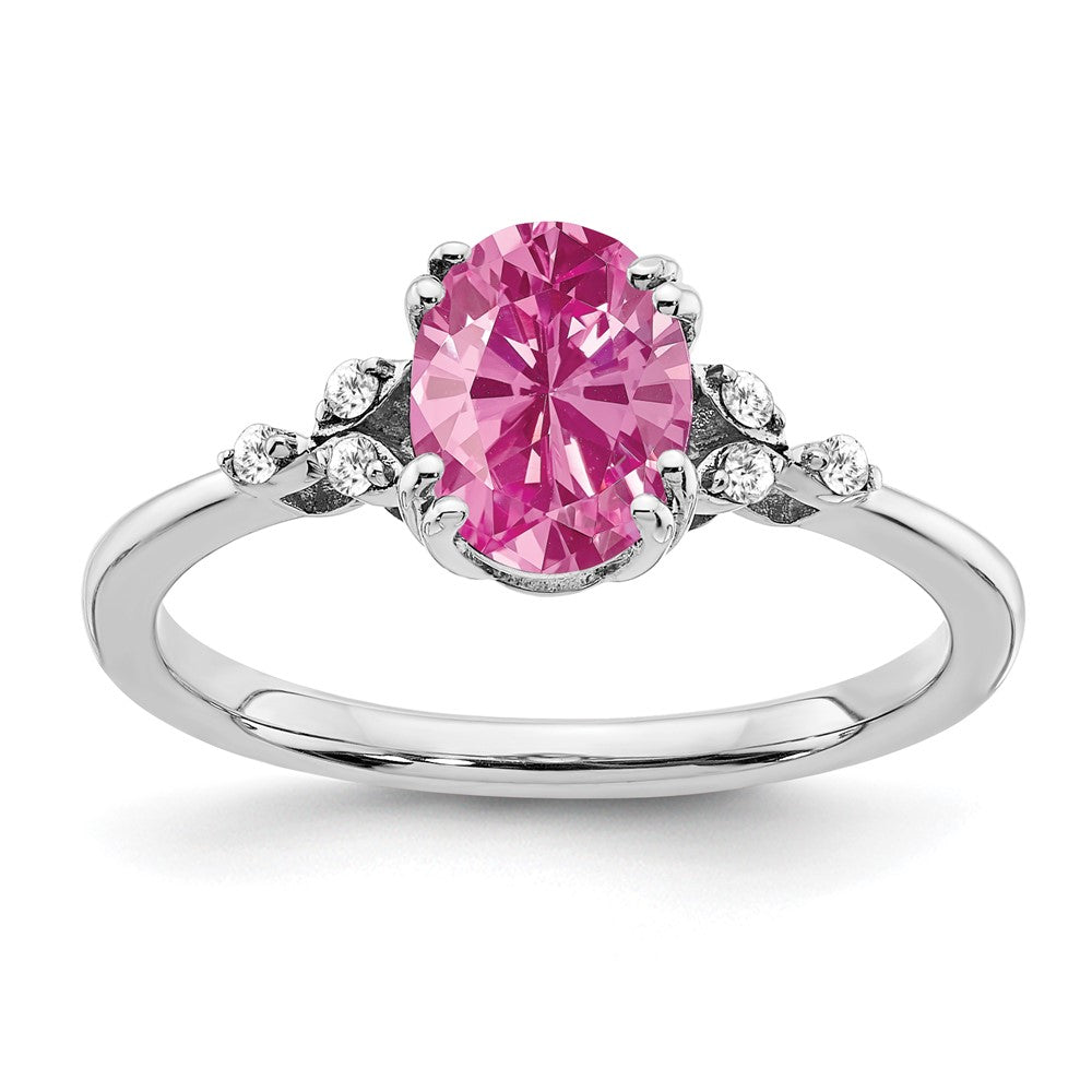 Sterling Silver Created Pink Sapphire and Diamond Ring