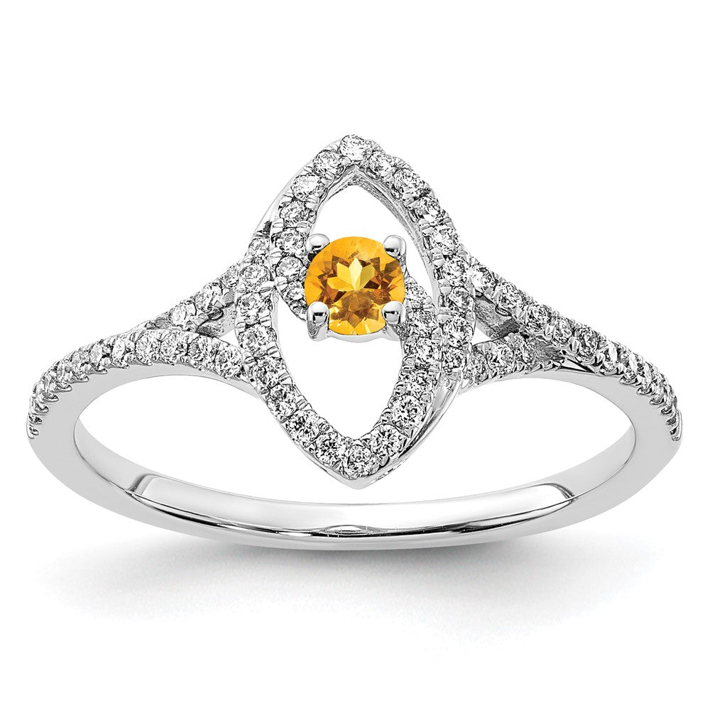 14k White Gold Polished Real Diamond and Citrine Ring