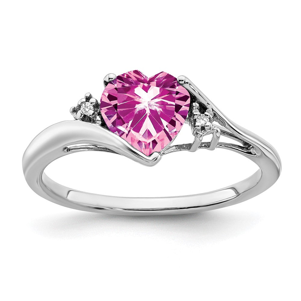 14k White Gold Created Pink Sapphire and Real Diamond Heart Ring