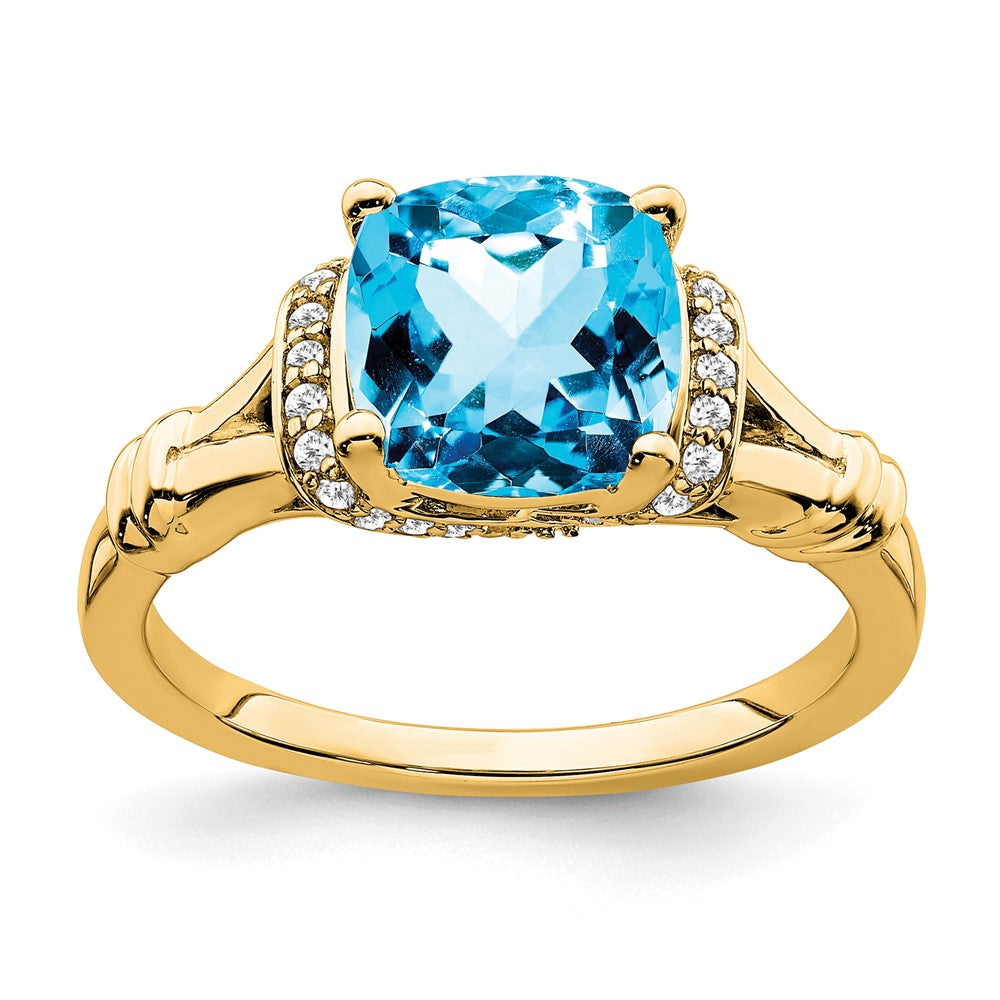 14K Yellow Gold Blue Topaz and Real Diamond Ring