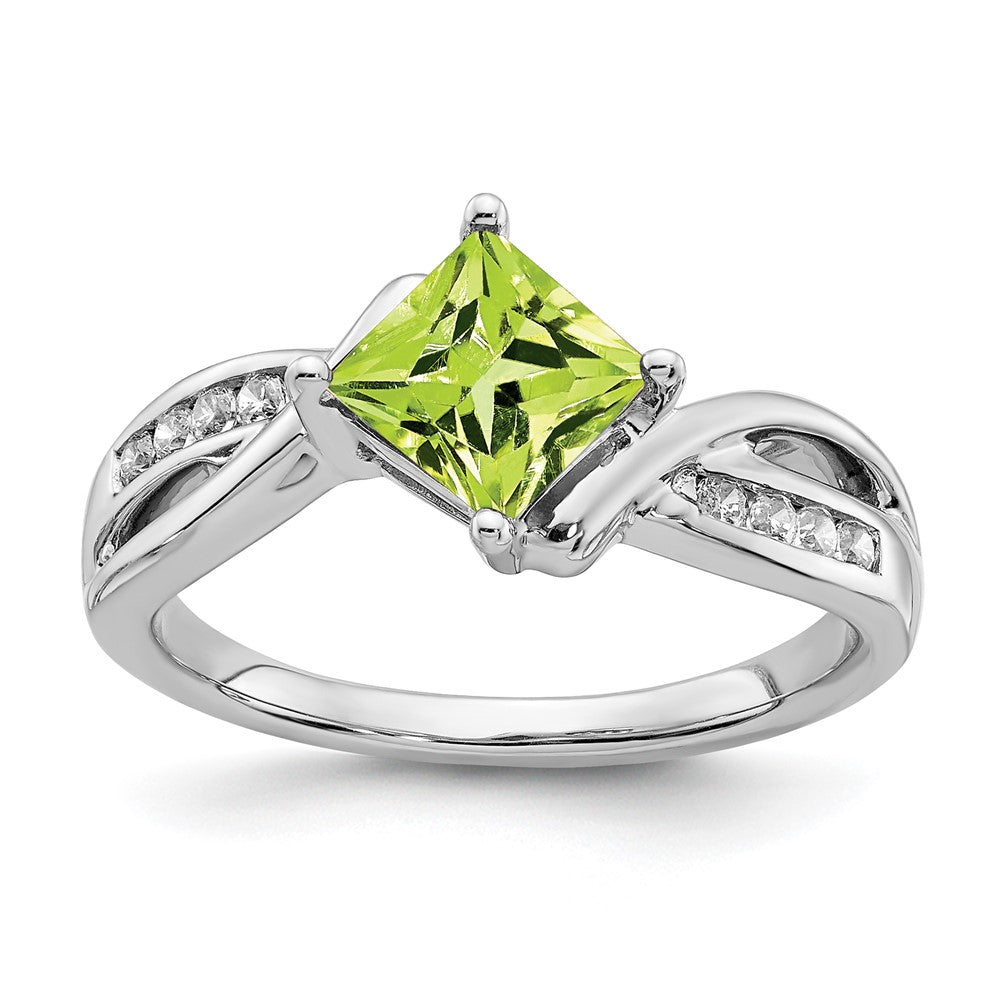 14k White Gold Square Peridot and Real Diamond Ring