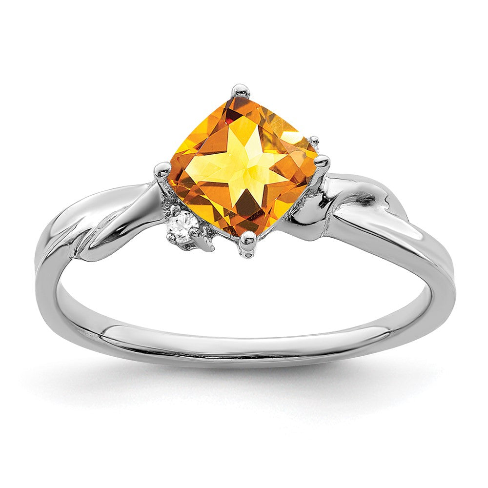 14k White Gold Cushion Citrine and Real Diamond Ring