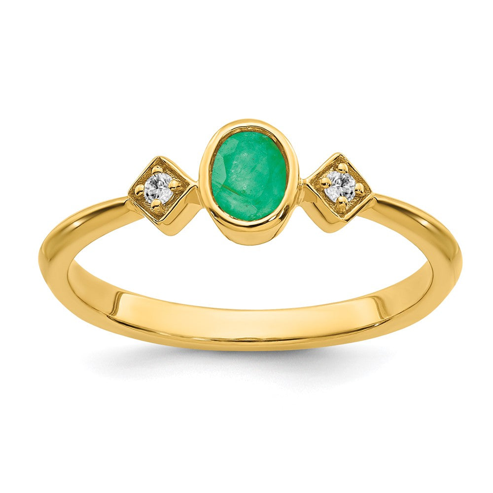 14K Yellow Gold Oval Bezel Emerald and Real Diamond Ring