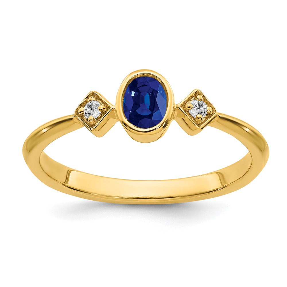 14K Yellow Gold Oval Bezel Sapphire and Real Diamond Ring