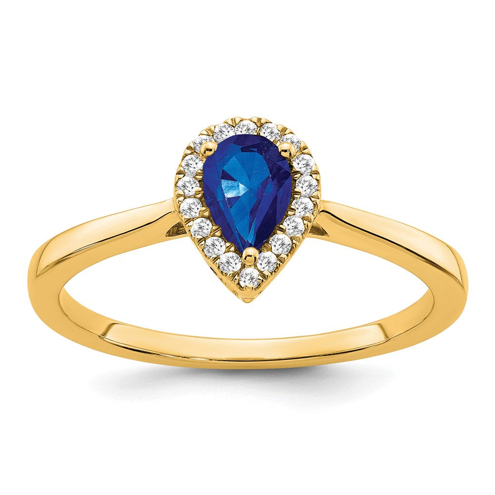 14K Yellow Gold Pear Sapphire and Real Diamond Halo Ring