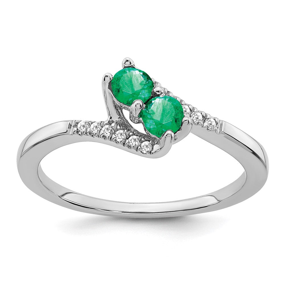 14k White Gold Emerald and Real Diamond 2-stone Bypass Ring