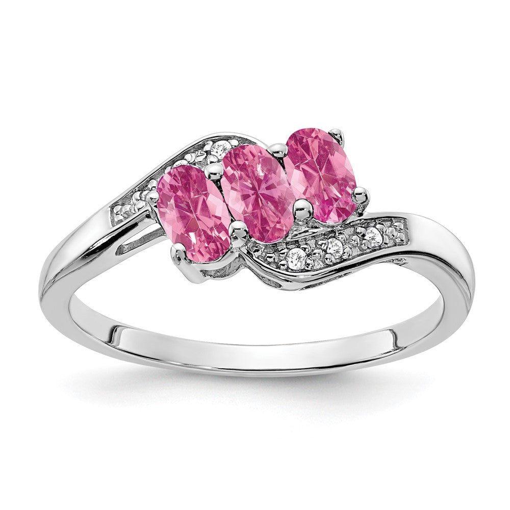 Sterling Silver Created Pink Sapphire and Diamond Ring