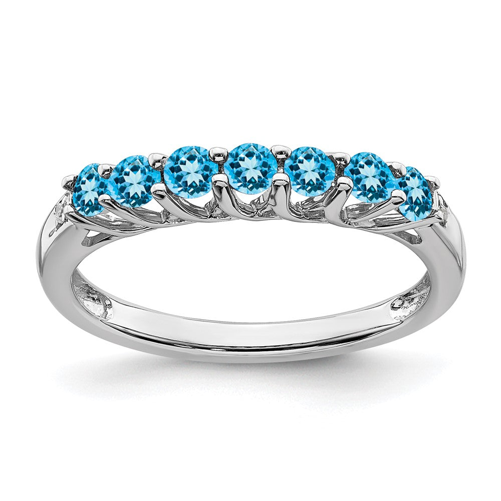 14k White Gold Blue Topaz and Real Diamond 7-stone Ring