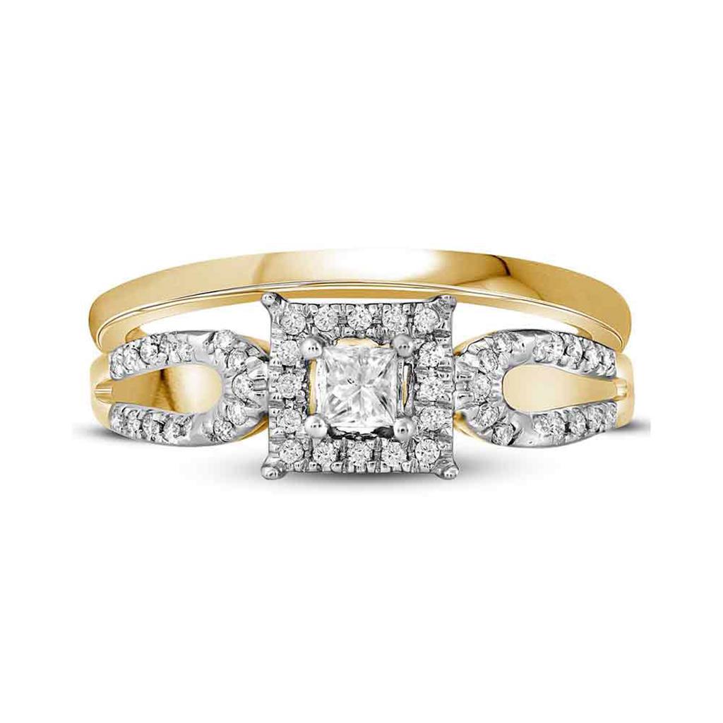 10k Yellow Gold Princess Diamond Halo Bridal Wedding Ring Set 1/4 Cttw