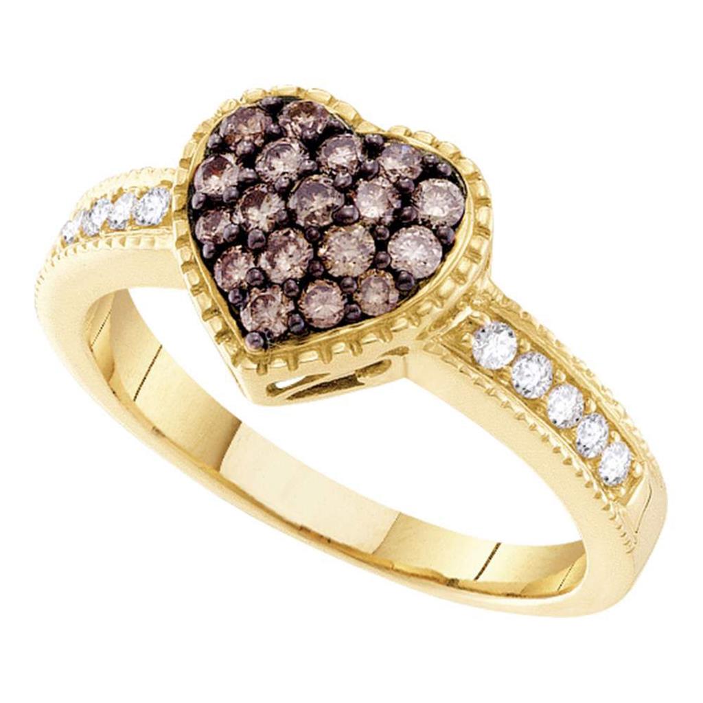 14k Yellow Gold Round Brown Diamond Heart Cluster Ring 1/2 Cttw