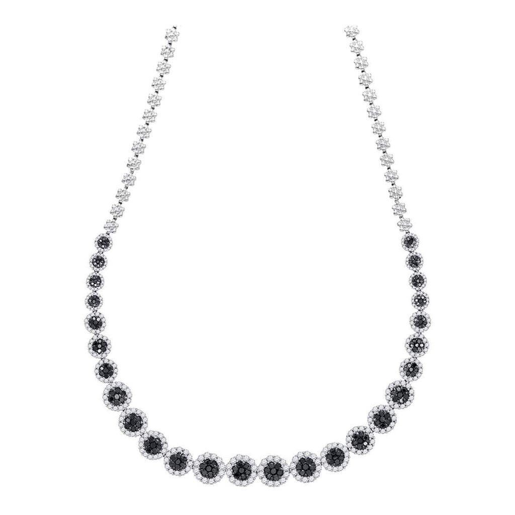 14k White Gold Round Black Diamond Cluster Necklace 10-1/2 Cttw