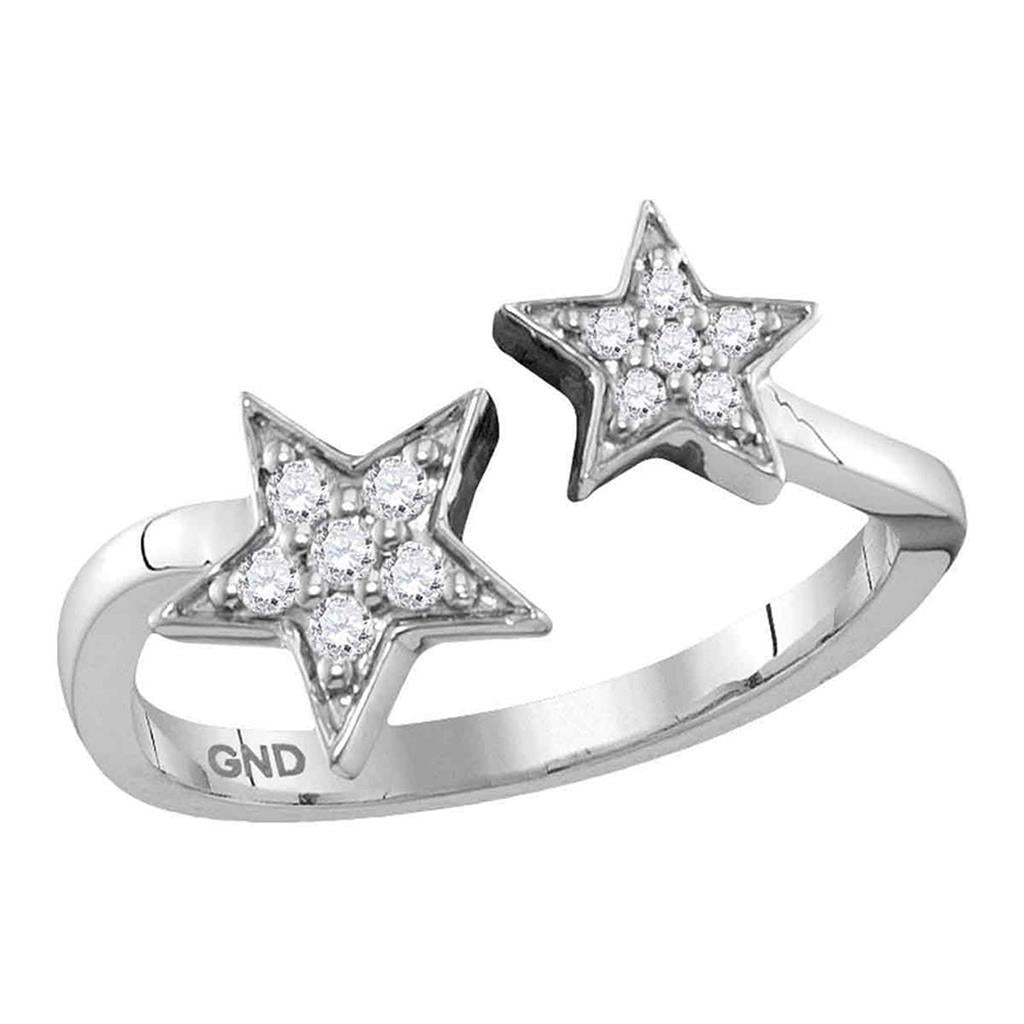 14k White Gold Round Diamond Bisected Double Star Open Ring 1/8 