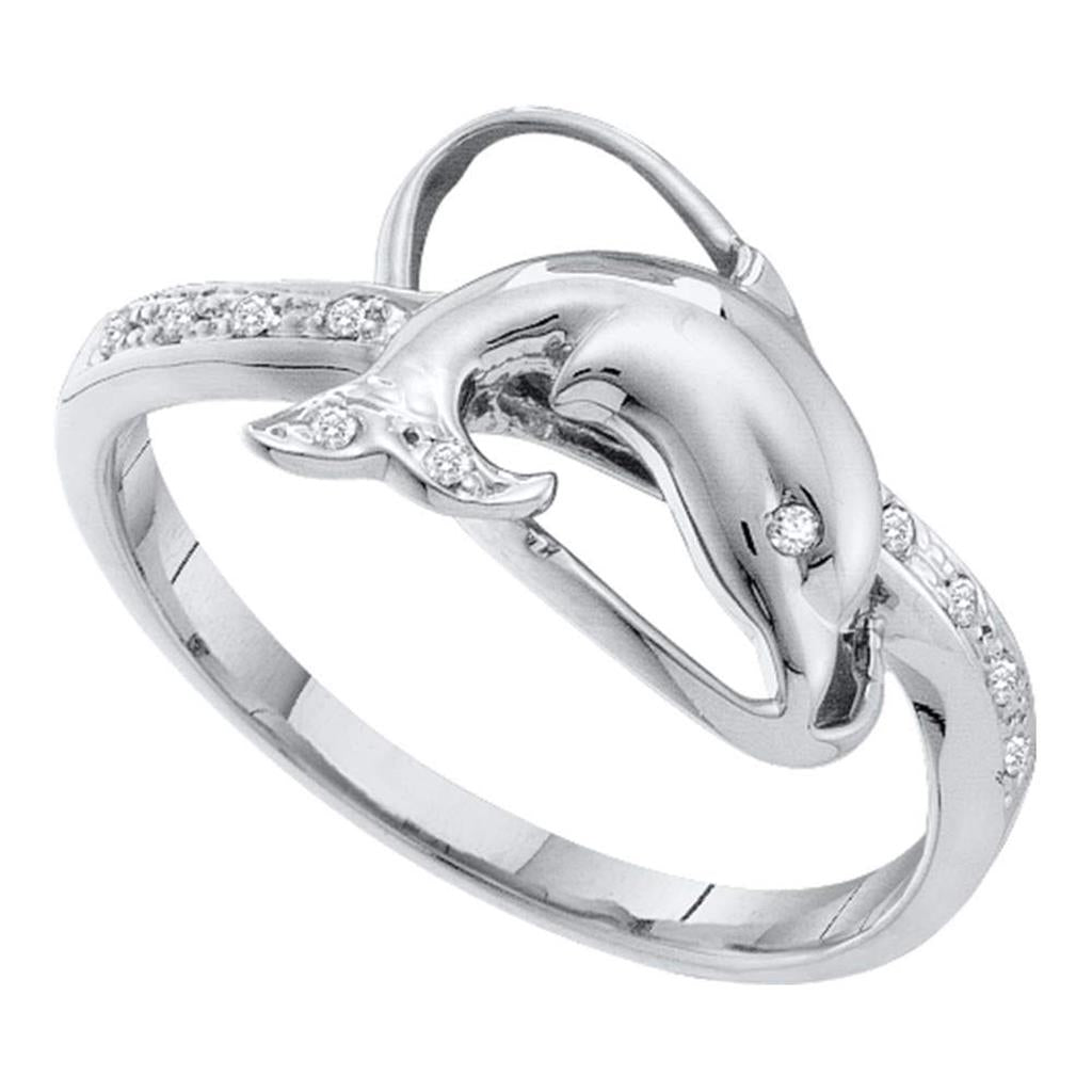 14k White Gold Round Diamond Dolphin Fish Animal Ring 1/20 Cttw