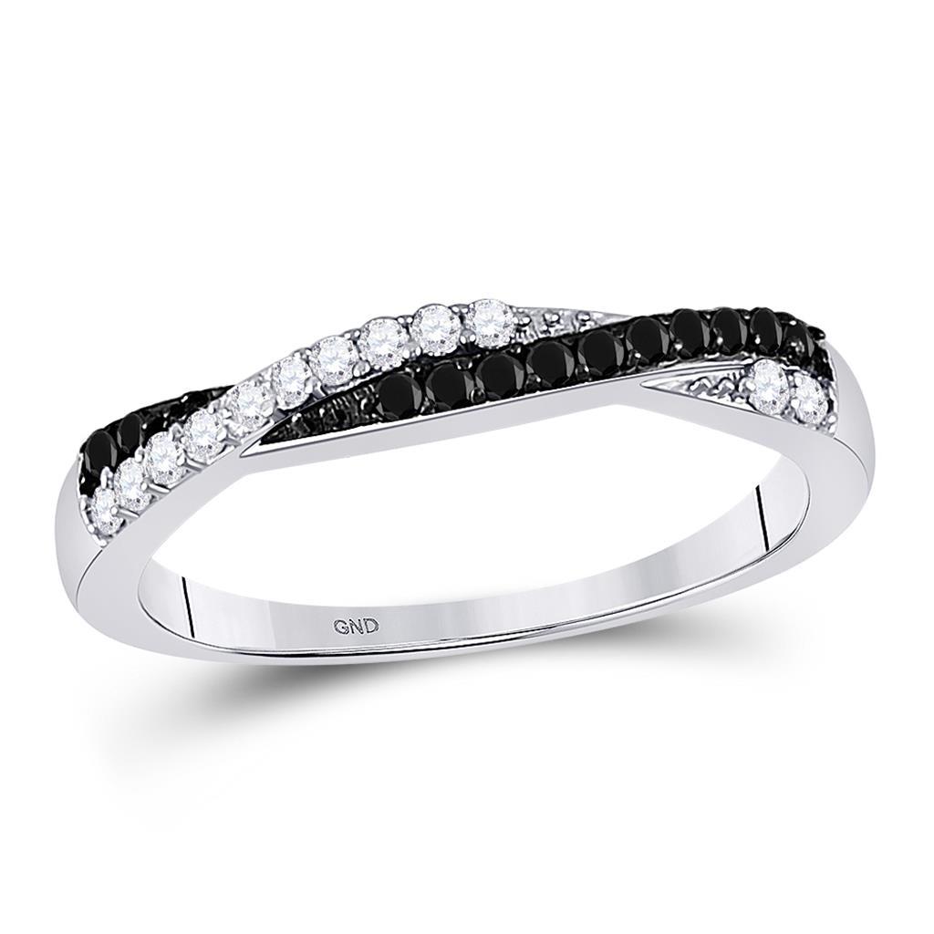 14k White Gold Round Black Diamond Crossover Band Ring 1/4 Cttw