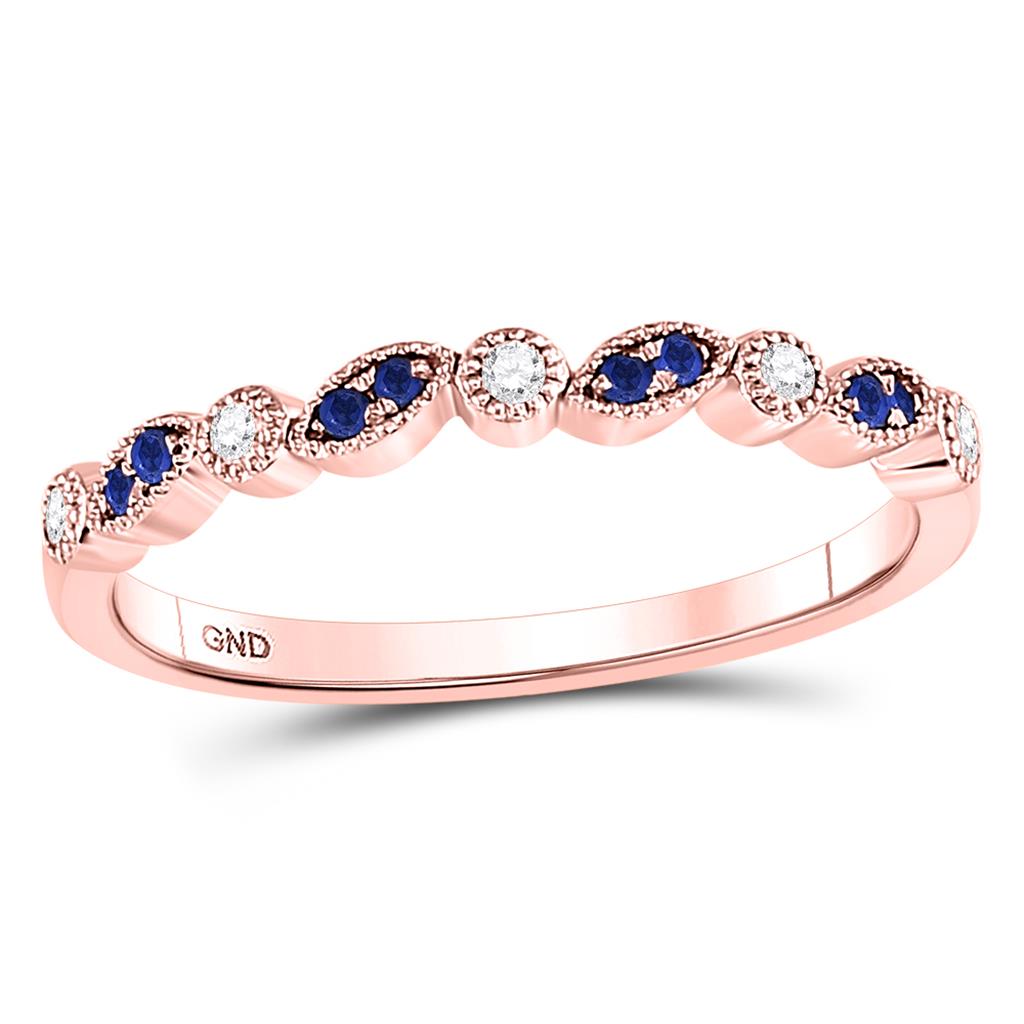 10kt Rose Gold Round Blue Sapphire Diamond Stackable Band Ring 1/10 Cttw