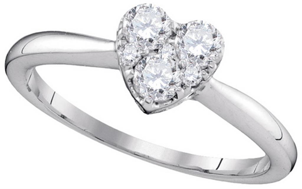 14k White Gold Round Diamond Heart Cluster Ring 1/2 Cttw