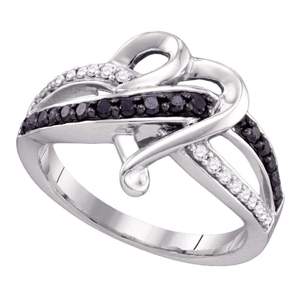 14k White Gold Round Black Diamond Striped Heart Ring 1/3 Cttw