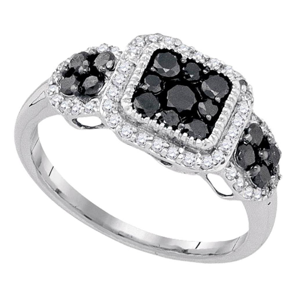 14k White Gold Black Diamond Cluster Ring 3/4 Cttw