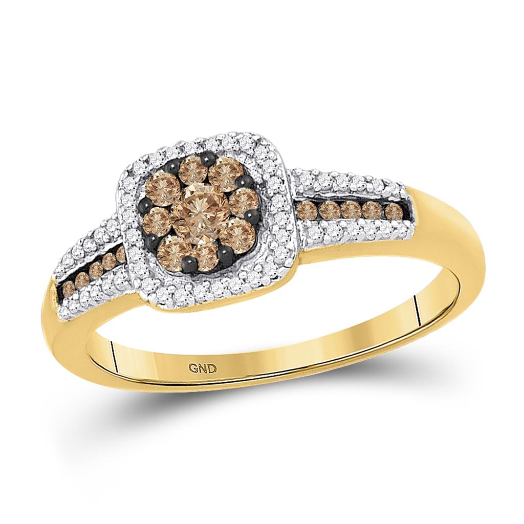 10k Yellow Gold Round Brown Diamond Square Cluster Ring 1/2 Cttw