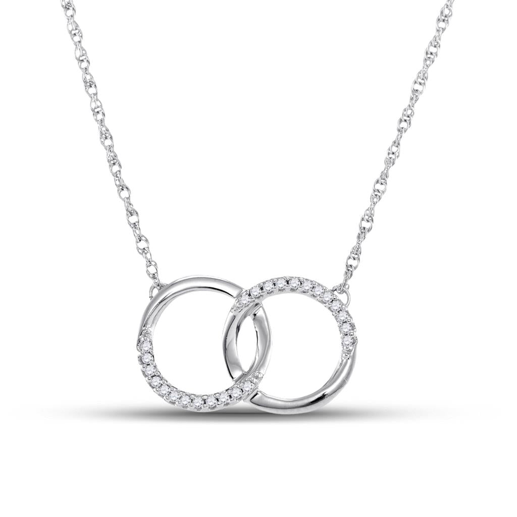 14k White Gold Diamond Interlocking Double Circle Pendant Necklace 1/10 Cttw