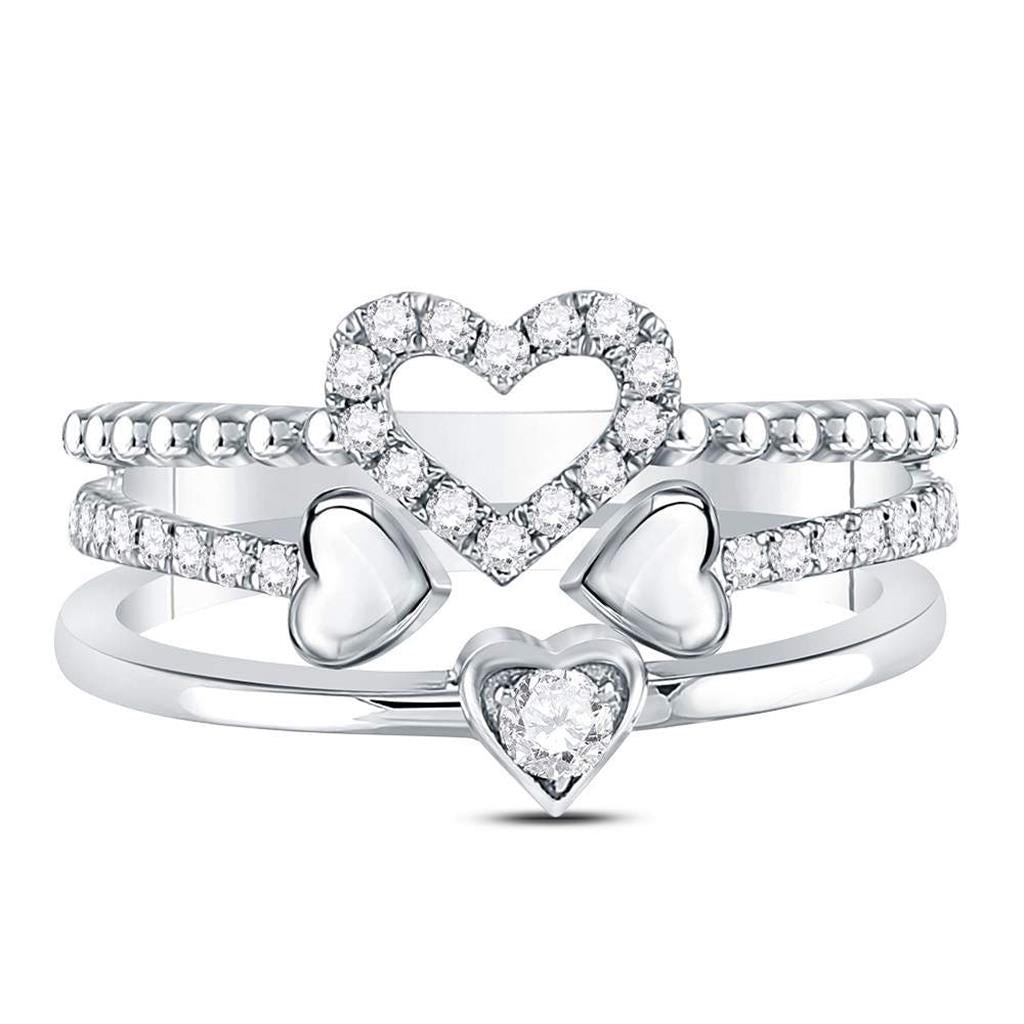 14k White Gold Round Diamond 2-Piece Beaded Heart Band Ring Set 