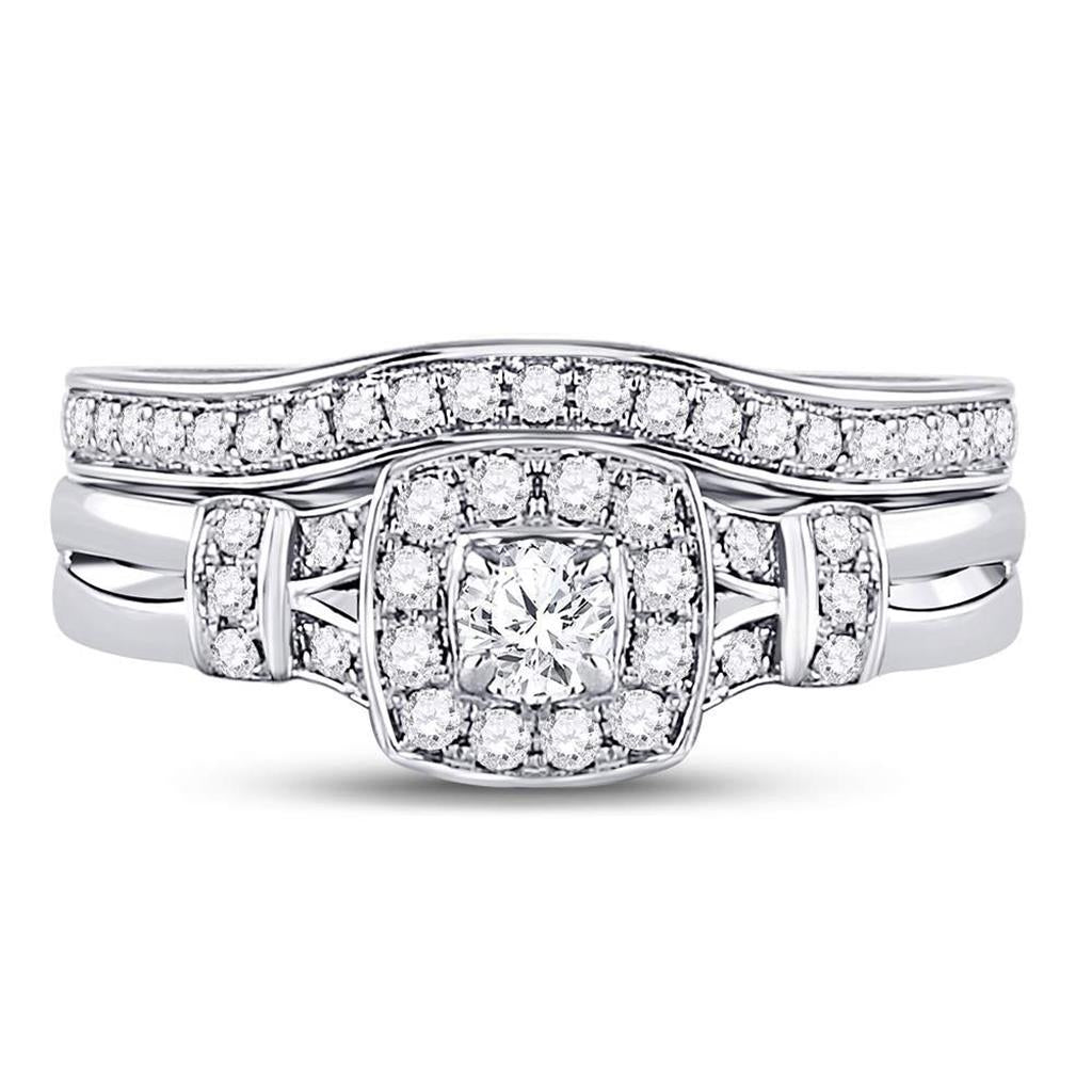 14k White Gold Round Diamond Square Bridal Wedding Ring Set 1/2 Cttw