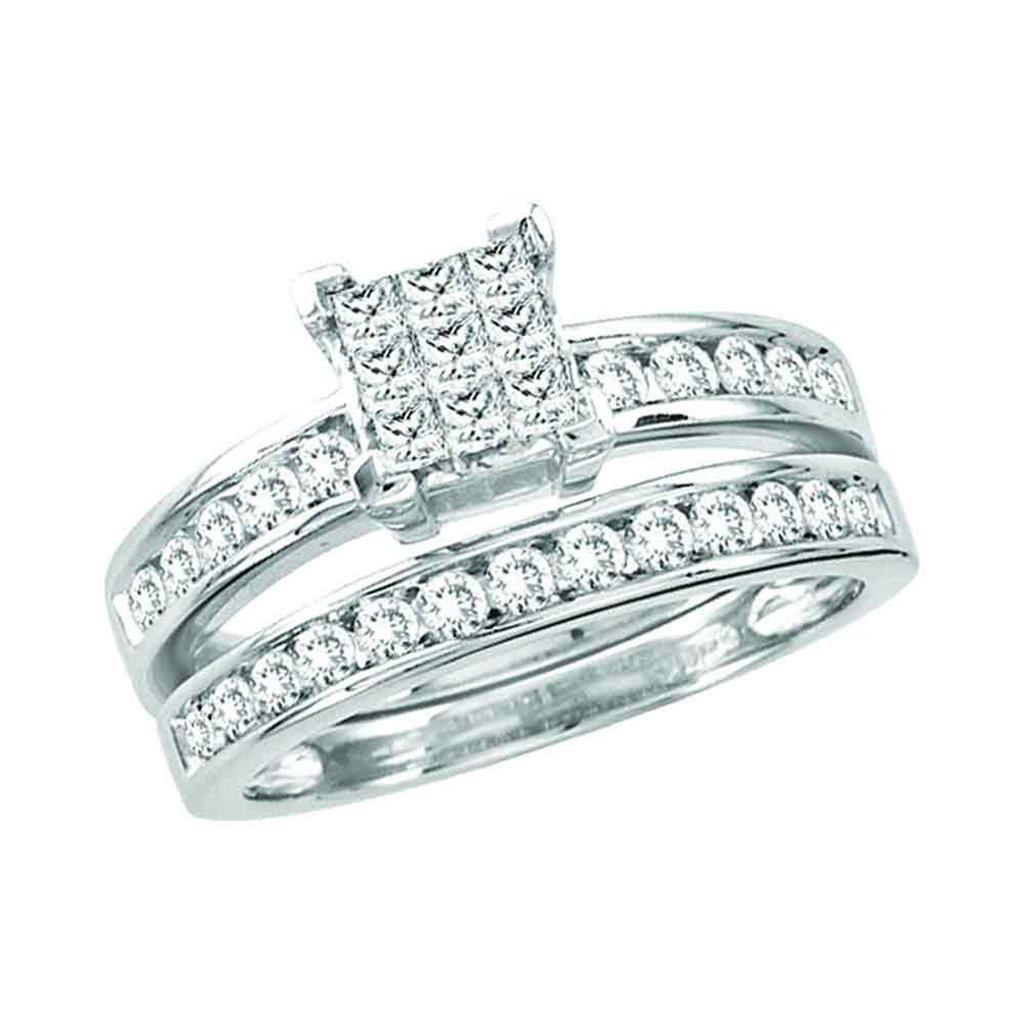 14k White Gold Princess Diamond Cluster Bridal Wedding Ring Set 1 Cttw