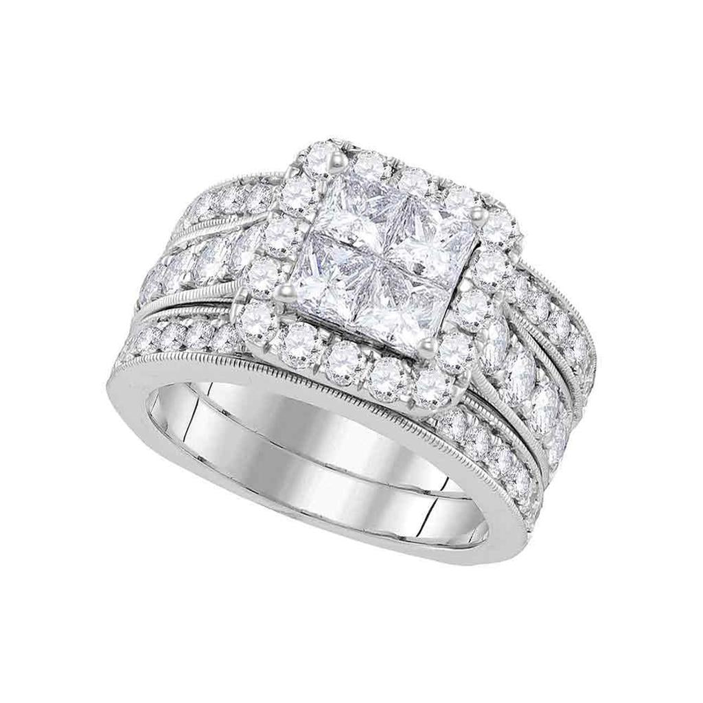 14k White Gold Princess Diamond Halo Bridal Wedding Ring Set 3 Cttw