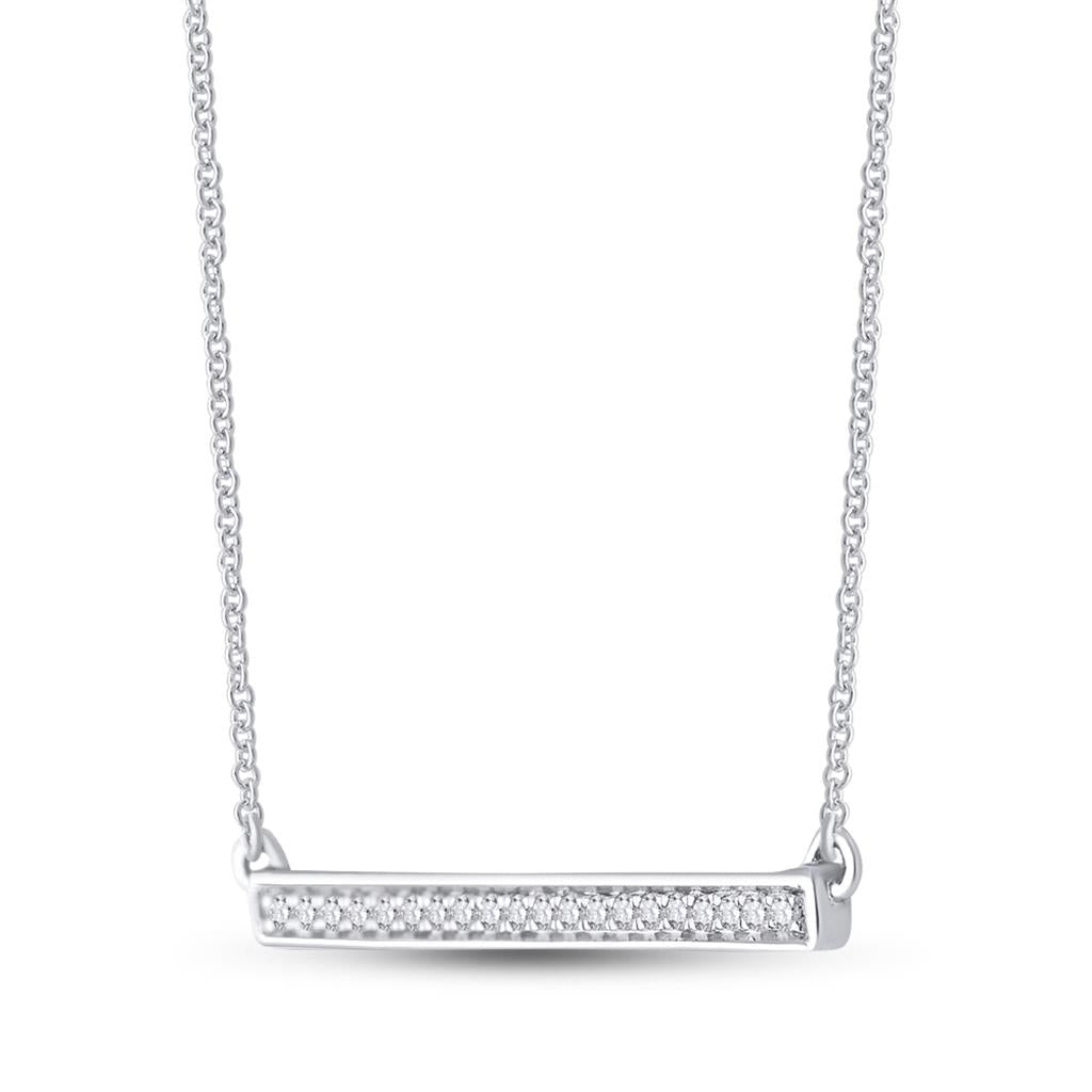14k White Gold Round Diamond Bar Pendant Chain Necklace 1/10 Ctt