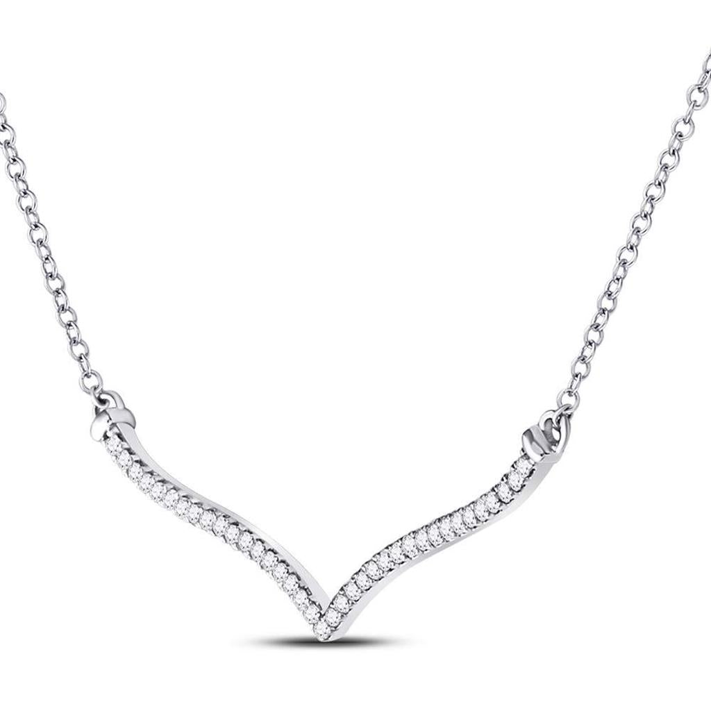 14k White Gold Round Diamond Contoured Bar Pendant Necklace 1/4 Cttw