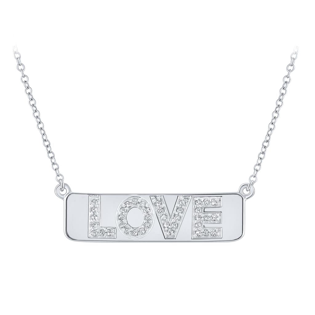 14k White Gold Round Diamond Love Bar Pendant Necklace with 18"" Chain 1/8 Cttw