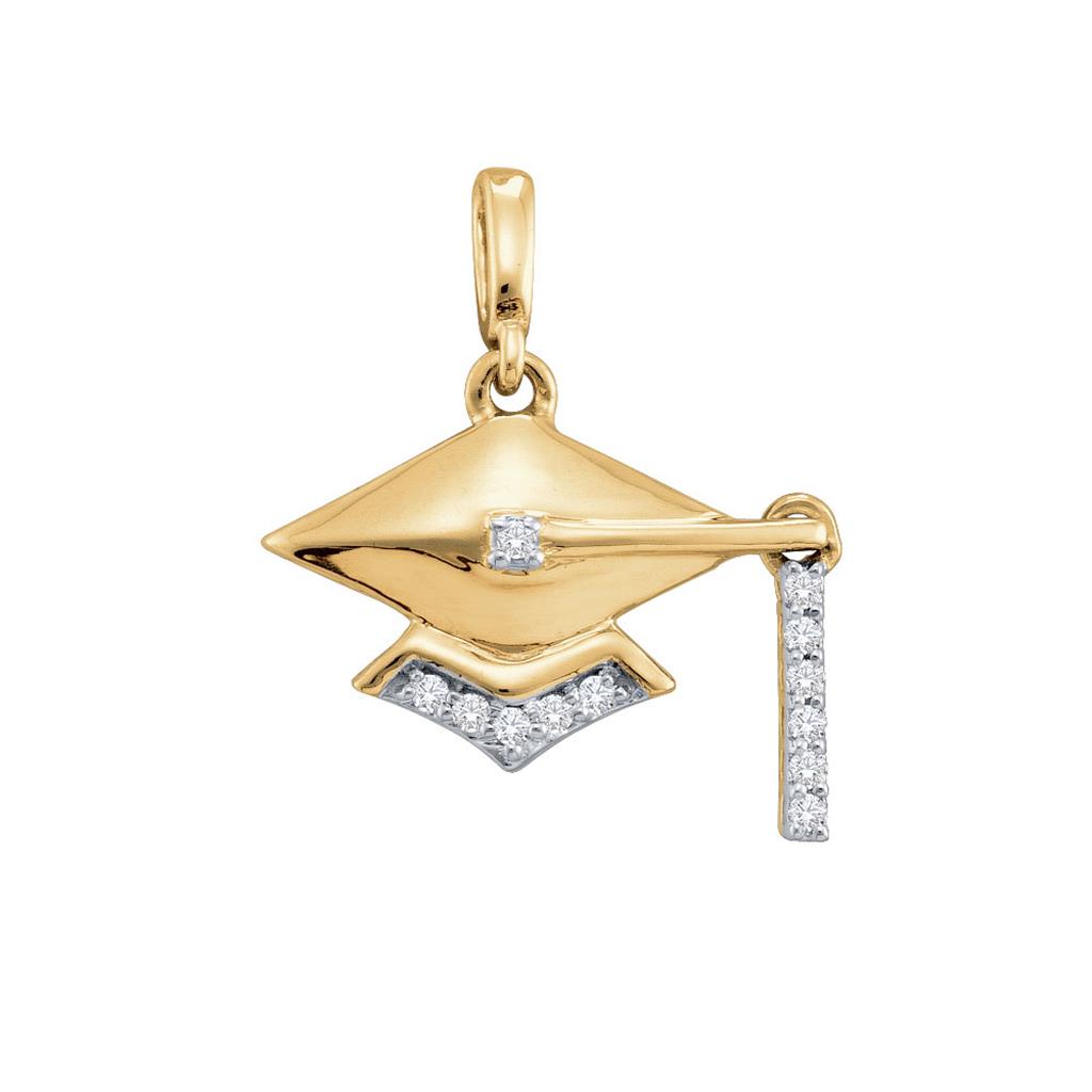 10k Yellow Gold Round Diamond Cap Tassle Graduation Pendant 1/12 Cttw