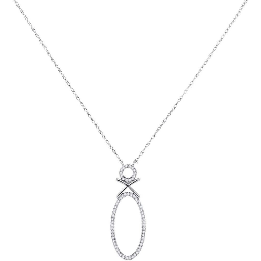 14k White Gold Round Diamond Vertical Oval Pendant Necklace 1/6 Cttw