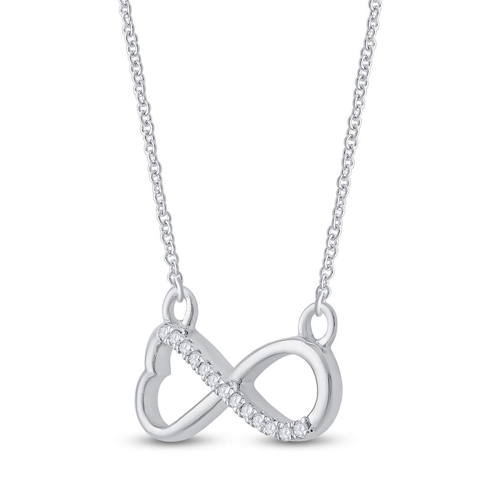 14k White Gold Round Diamond Infinity Heart Necklace 1/12 Cttw