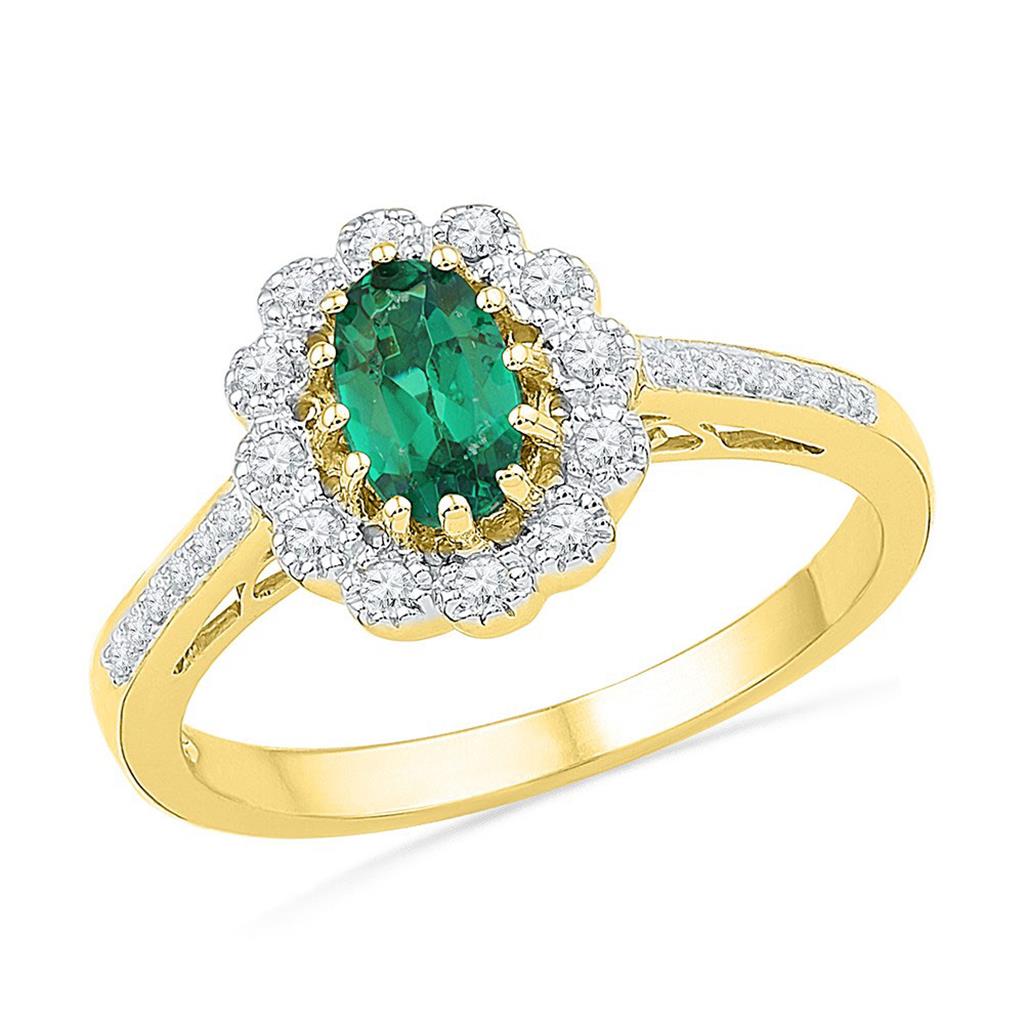 10k Yellow Gold Oval Created Emerald Diamond Solitaire Ring 7/8 Cttw