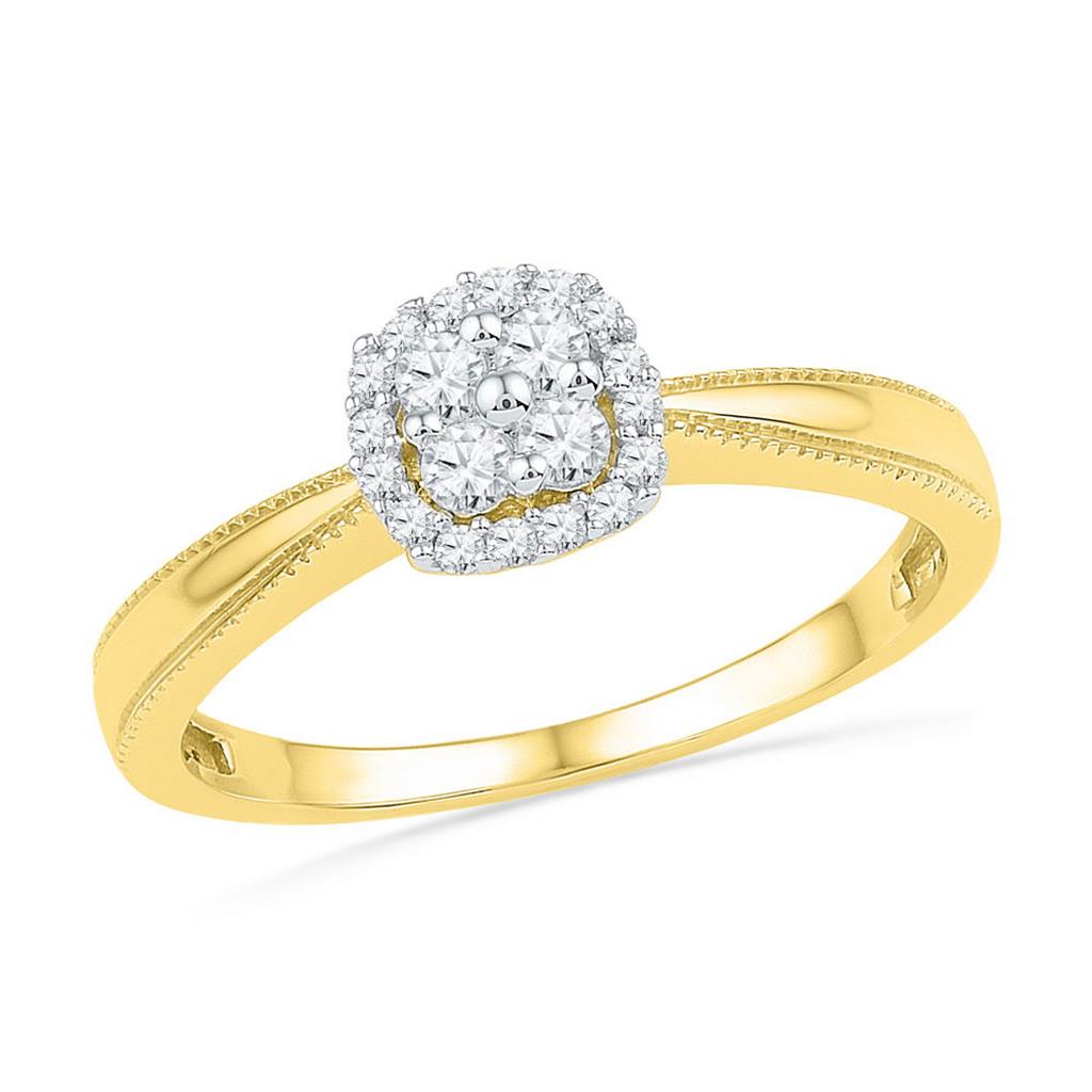 10k Yellow Gold Round Diamond Square Halo Cluster Ring 1/5 Cttw