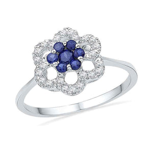 14k White Gold Round Created Blue Sapphire Diamond Cluster Ring 1/8 Cttw