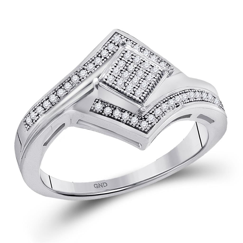 14k White Gold Round Diamond Offset Square Cluster Ring 1/6 Cttw