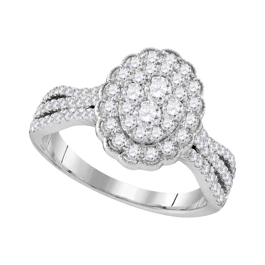 14k White Gold Round Diamond Oval Flower Cluster Ring 1 Cttw